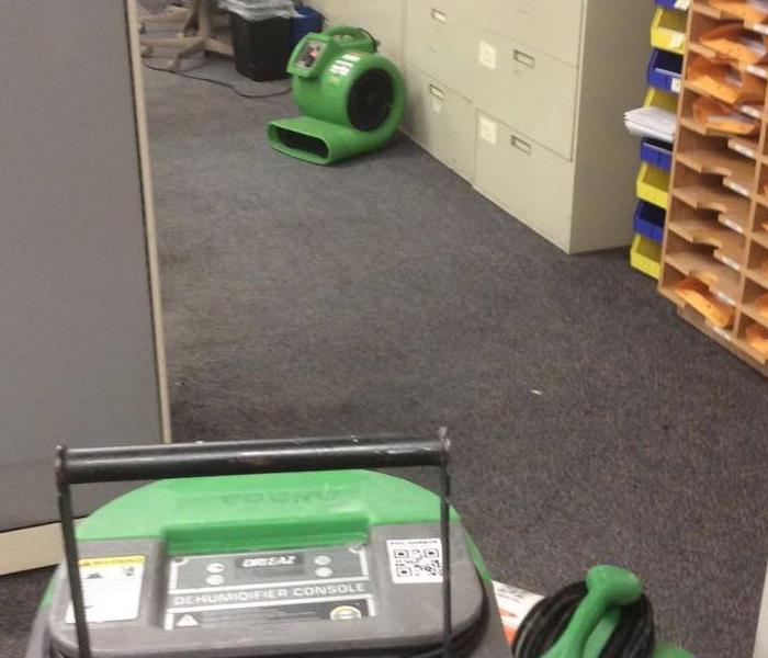 Office space with two green air movers on the carpet. 