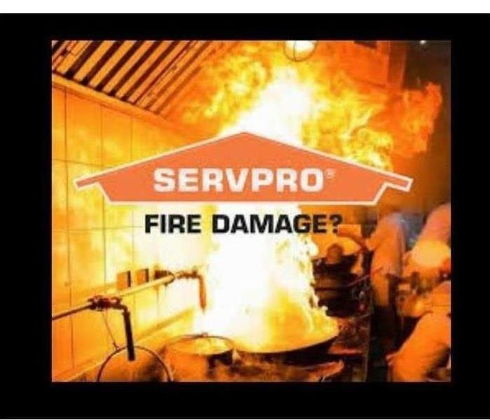 Background of a kitchen restaurant on fire, SERVPRO logo